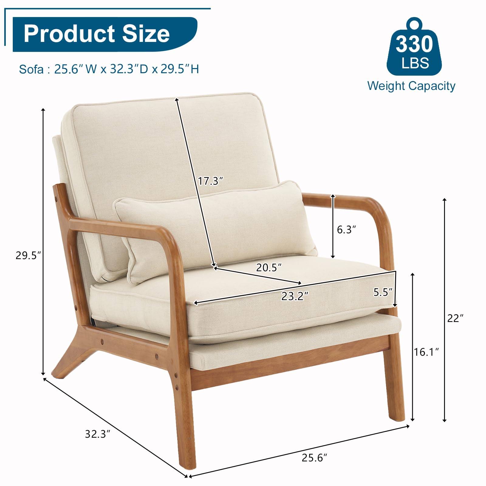 VINGLI Cozy Living Room Chairs, Fine Linen Beige Accent Chairs Set of 2, Wood Lounge Chairs for Bedroom, Comfy Mid Century Modern Armchair Upholstered Reading Side Chairs for Small Space