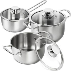 michelangelo stainless steel pot set, 6 piece small sauce pot, 1.5qt & 2.5qt & 3.5qt saucepan with lids, works with induction, electric and gas cooktops, oven safe