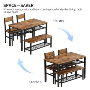 Lamerge Kitchen Tables Set for 4, Rectangular Dining Room Table Set with Bench and Chairs, 4 Pieces Dining Room Table Set with Storage Rack for Small Space, Breakfast Nook and Apartment, Rustic Brown