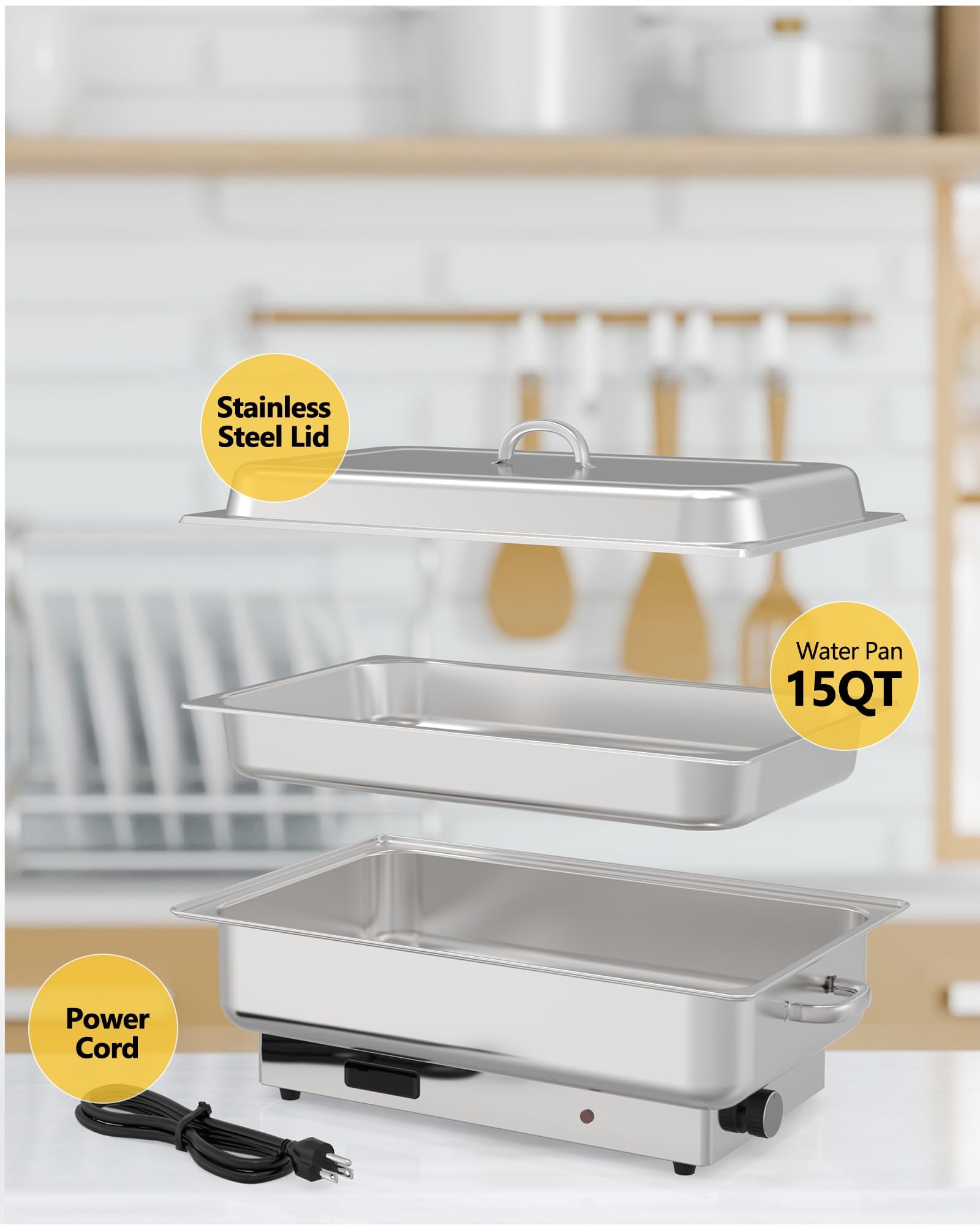 Electric Chafing Dish Buffet Set, 9QT Buffet Servers and Warmers Stainless Steel, Commercial Food Warmer with 1 Full-Size Pan & 2 Half-Size Pan, Temperature Control Display for Parties, Catering