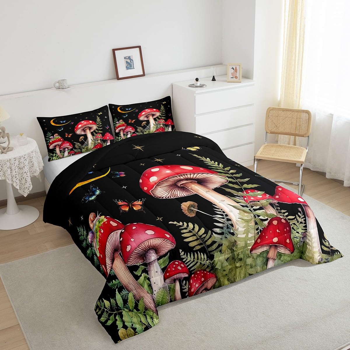 Erosebridal Twin Comforter Set for Girls Boys Kids Black Mushroom Bedding Set Kawaii Room Decor,Wild Fungus Plants Nature Comforter Set Star Moon Starry Sky Butterfly Bed Set 2Pcs