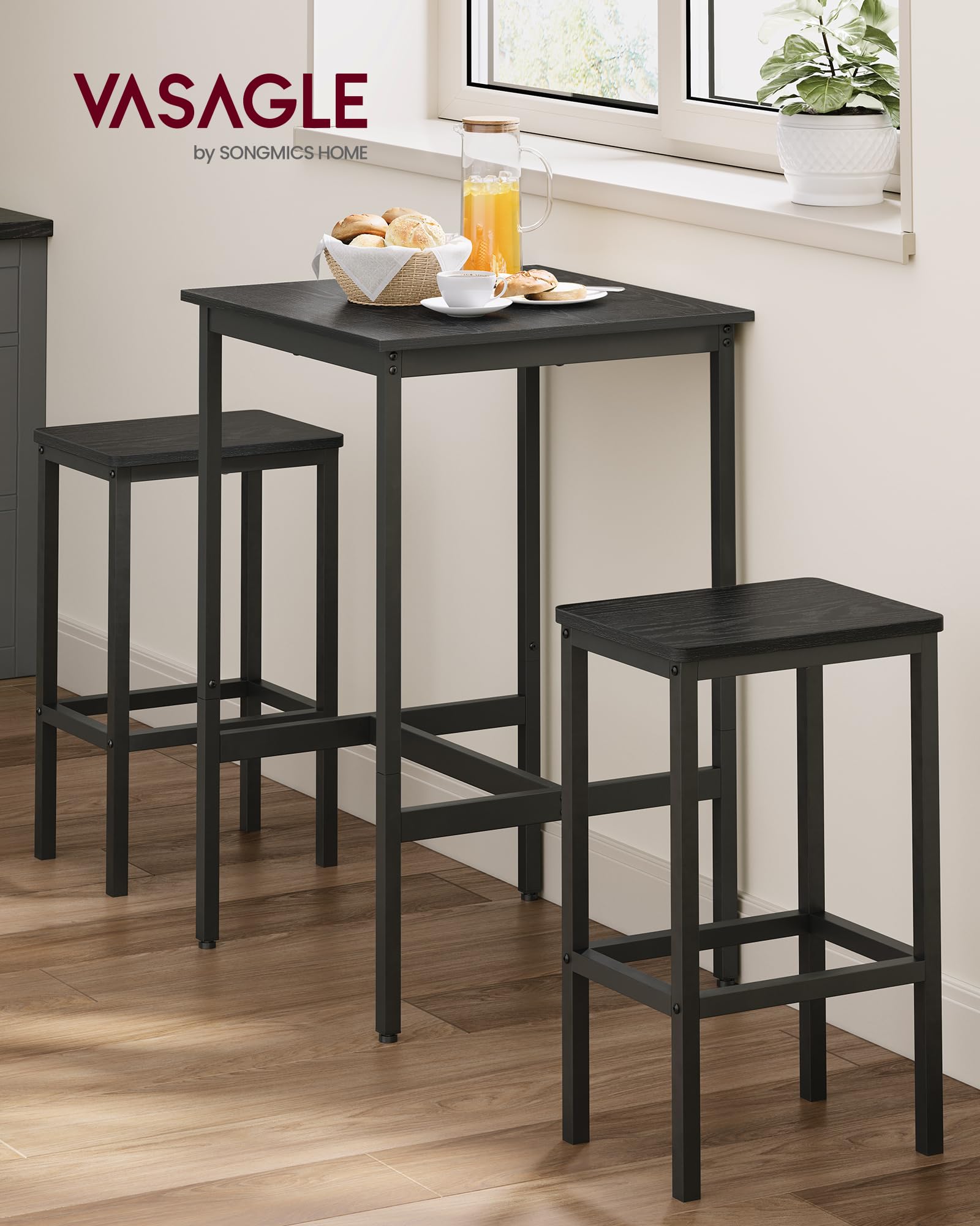 VASAGLE Bar Table and Chairs Set, Square Bar Table with 2 Bar Stools, Dining Pub Bar Table Set for 2, Space Saving for Kitchen Breakfast, Living Room, Party Room, Ebony Black and Ink Black