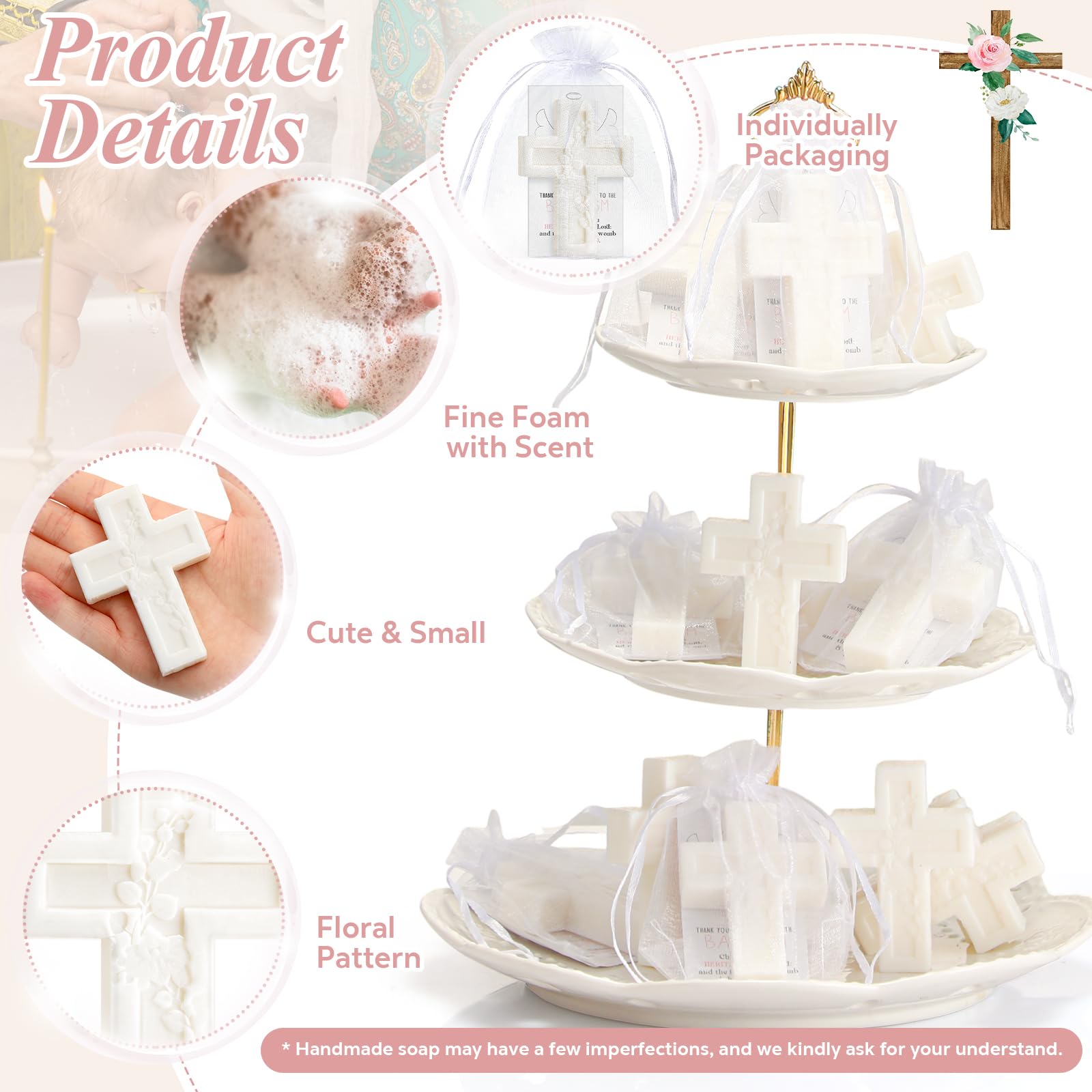 Swiffen 50 Sets Baby Shower Baptism Favors Set Cross Soap with Greeting Cards Organza Bag Scented Soap Favors Christening Communion Baptism Party Favors for Guests Party Gender Reveal Gift