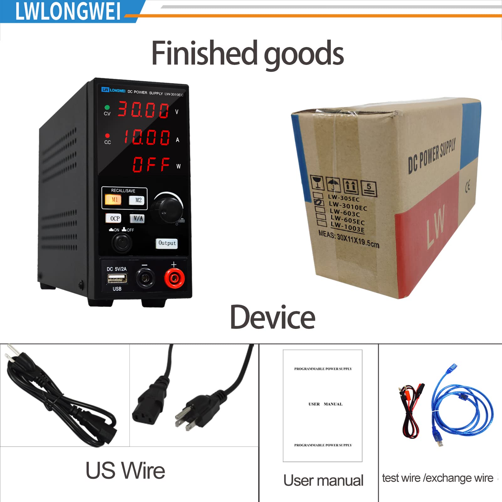 LWLONGWEI DC Power Supply Variable,30V 10A 300W Programmable Memory Function Adjustable Switching Regulated DC Bench Power Supply with 4-Digits LED Power Display 5V/2A USB Coarse and Fine Adjustmentsy