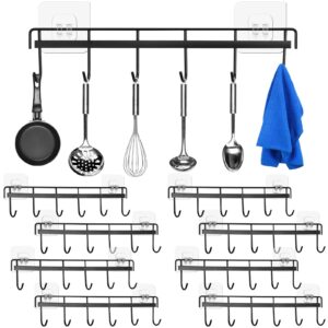 jagely 8 pcs kitchen utensil hanger rack adhesive wall hooks rack with 6 hooks space saving wall mounted without drilling hanger for kitchen bathroom bedroom(black)