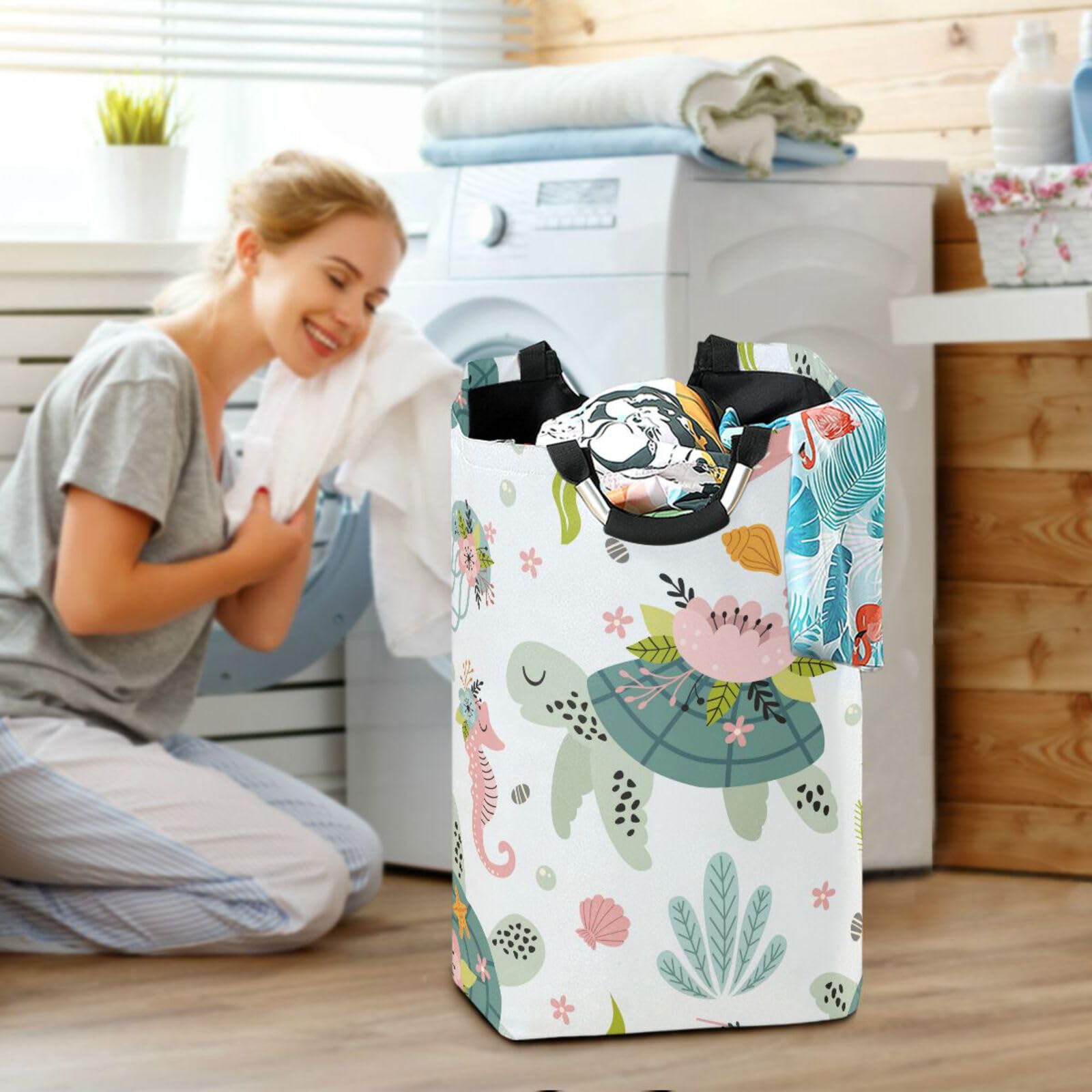 YETTASBIN Sea Turtles Laundry Hamper, Waterproof Foldable Laundry Basket Large Dirty Clothes Toys Storage Basket with Handle for Bathroom, Bedroom, Laundry Room, Playroom