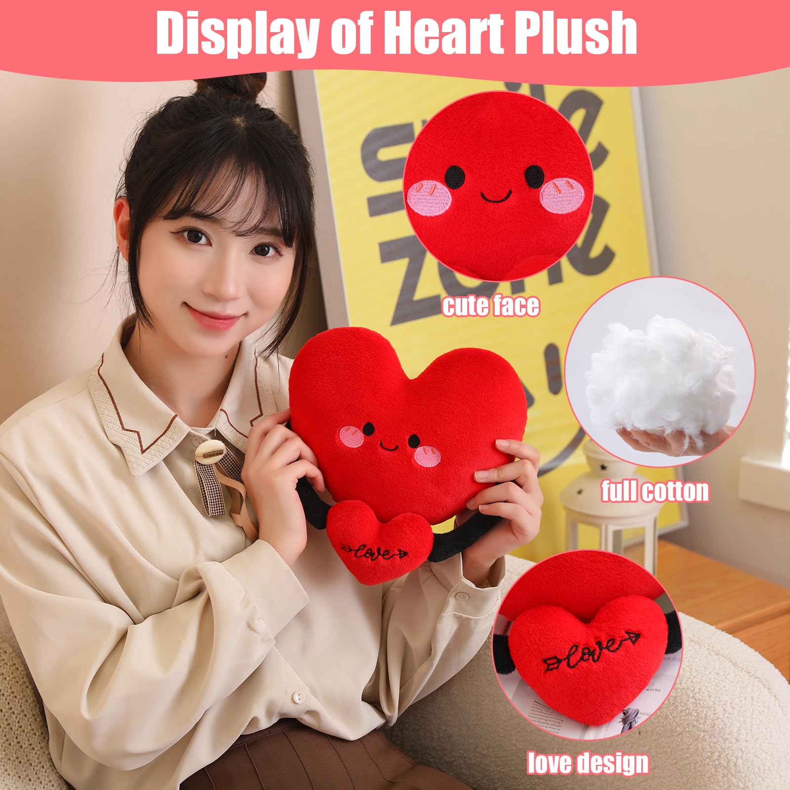 Finebee Red Heart Plush Toy Cute Heart Stuffed Animal Soft Pillow Plushies Kawaii Heart Shape Plushie Valentine's Day Gifts Birthday for Kids Lover Decor 8 inch