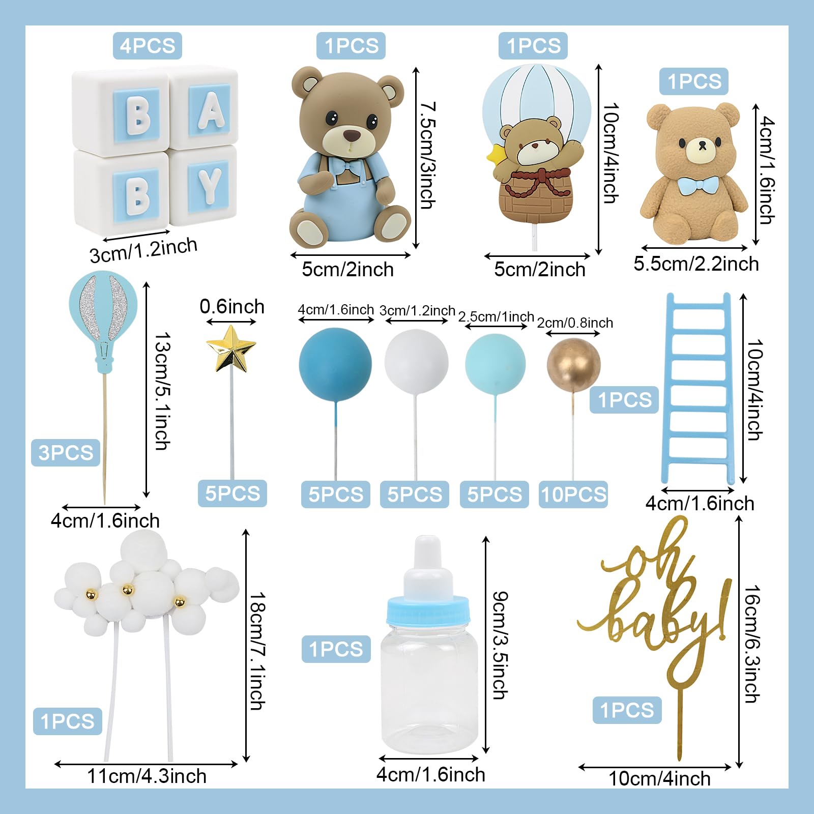 Acmee 44 PCS Bear Cake Toppers - Mini 3D Bear BABY Letters Milk Bottle Blue Gold Foam Balls Cake Toppers for Boy Girl Birthday Party Baby Shower Cake Decorations