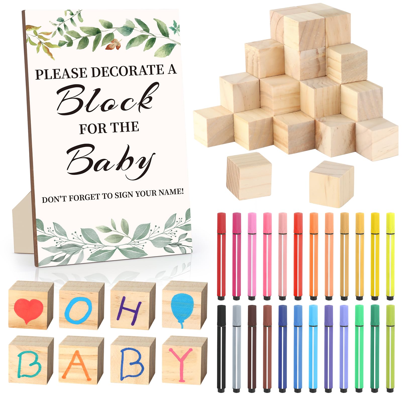 wookidel Baby Shower Game Sign Kit with 50 Blank Wooden Baby Blocks, 24 Acrylic Paint Marker and Wooden Baby Shower Sign, Baby Shower Game Set for Baby Shower Prize, Gender Reveals Party(Woodland)