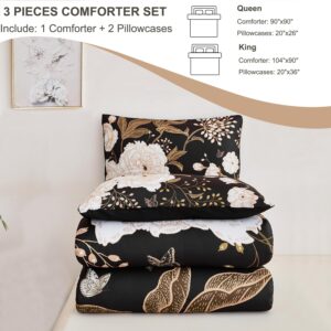 PERFEMET Floral Comforter Set King, White Botanical Flower and Gold Leaves Pattern Printed on Black Design, Soft Reversible Garden Style Butterfly Print Bedding Set for Men Women (Black, King)