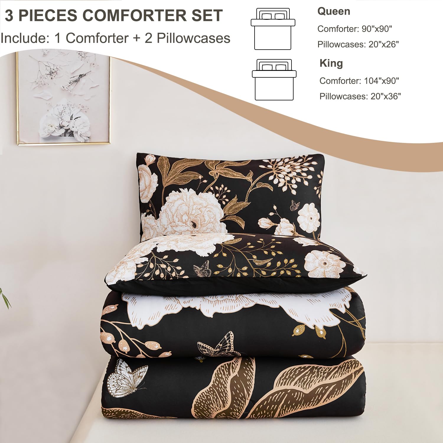 PERFEMET Floral Comforter Set King, White Botanical Flower and Gold Leaves Pattern Printed on Black Design, Soft Reversible Garden Style Butterfly Print Bedding Set for Men Women (Black, King)