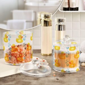 SPRIPORT Yellow Rubber Ducks 2 Pack Qtip Holder Dispenser for Bathroom Canister Storage Organization Clear Plastic Apothecary Jar Set with Lid Countertop Canister for Cotton Swab Ball Pads Hair Clips