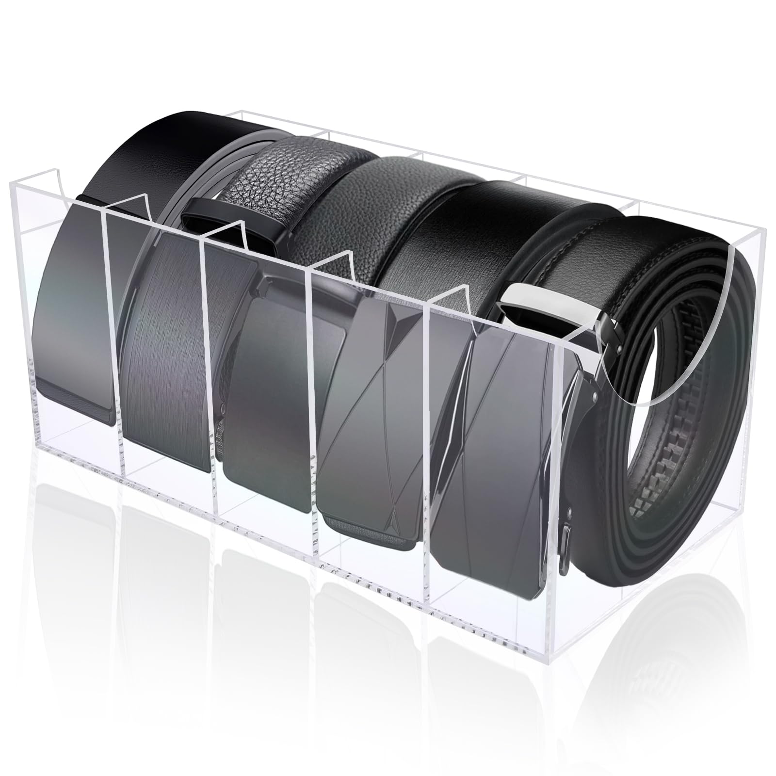 HAKDAY Belt Organizer, Acrylic Belt Storage Holder for The Closet, 5 Compartments Display Case for Tie and Bow Tie