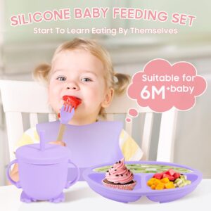 Silicone Baby Feeding Set, Baby Led Weaning Supplies with Suction Bowl Divided Plate, Self Feeding Spoons Forks Sippy Cup Adjustable Bib, Eating Utensils for 6+ Months (Grey Purple)