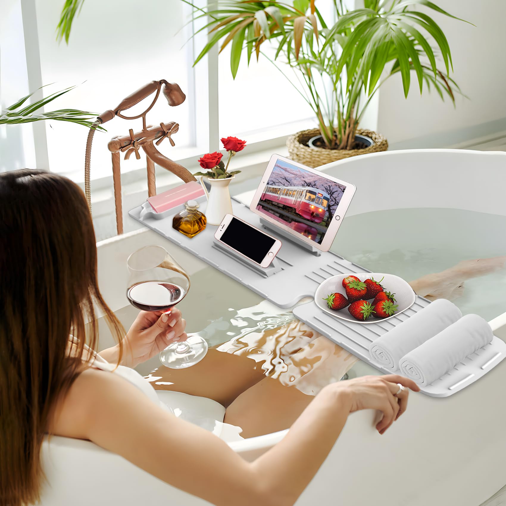 Bath Shelf Over Tub, Silicone Bathtub Tray Caddy, 35.4 * 6.5 Inches Bathtub Table Tray for Adults, Bath Board with Book Stand and Soap Tray