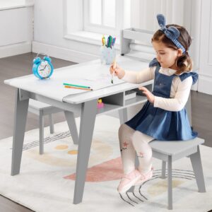 Kids Art Table, 2-in-1 Kids Craft Table and Art Table and Chairs Set with 2 Stools and 3 Storage Drawers, Wooden Drawing and Painting Art Easel Set, Kids Toddler Activity Table (White)