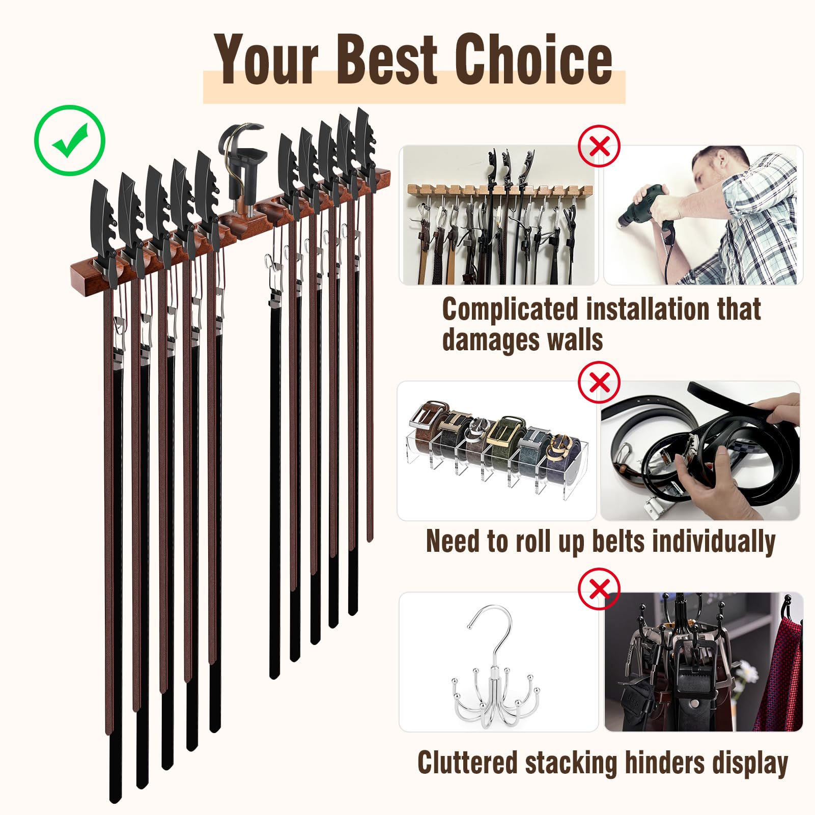 Gumilyo Belt Hanger for Closet, Alder Wood/ 12 Slots + 10 Hooks, Belt Rack, Versatile Belt Organizer Also for Ties (Brown)