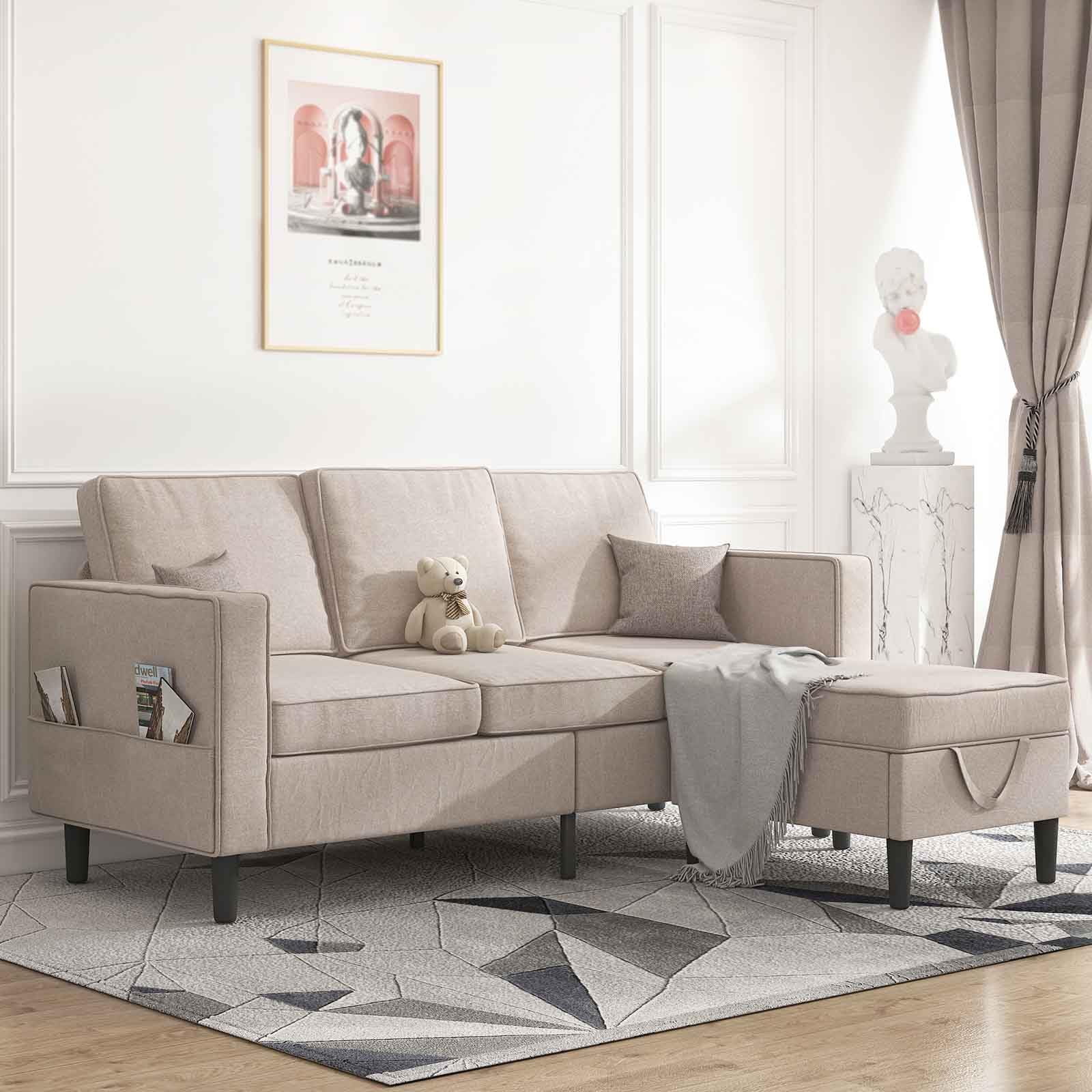 BALUS Sectional Sofa L Shaped Couch with Movable Storage Ottoman/Side Pockets/Modern Sofas/Easy Assembly/Free Combination - Beige