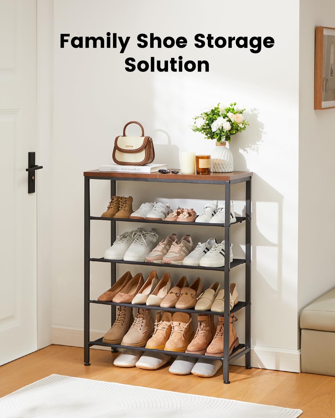 Pipishell 5-Tier Shoe Rack, Large Shoe Stand Rack with Sturdy Wood Grain Finish Top Shelf & Steel Frame, Free-Standing Shoe Organizer for Entryway,Front Door Entrance,Closet,Bedroom,Hallway