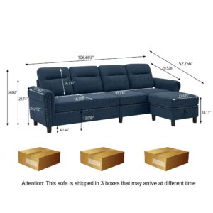 Jarenie 107" Convertible Sectional Sofa, 4-Seat L Shaped Couch with Storage Chaise and Side Pocket, Modern Linen Fabric Sectional Couches for Living Room, Dark Blue