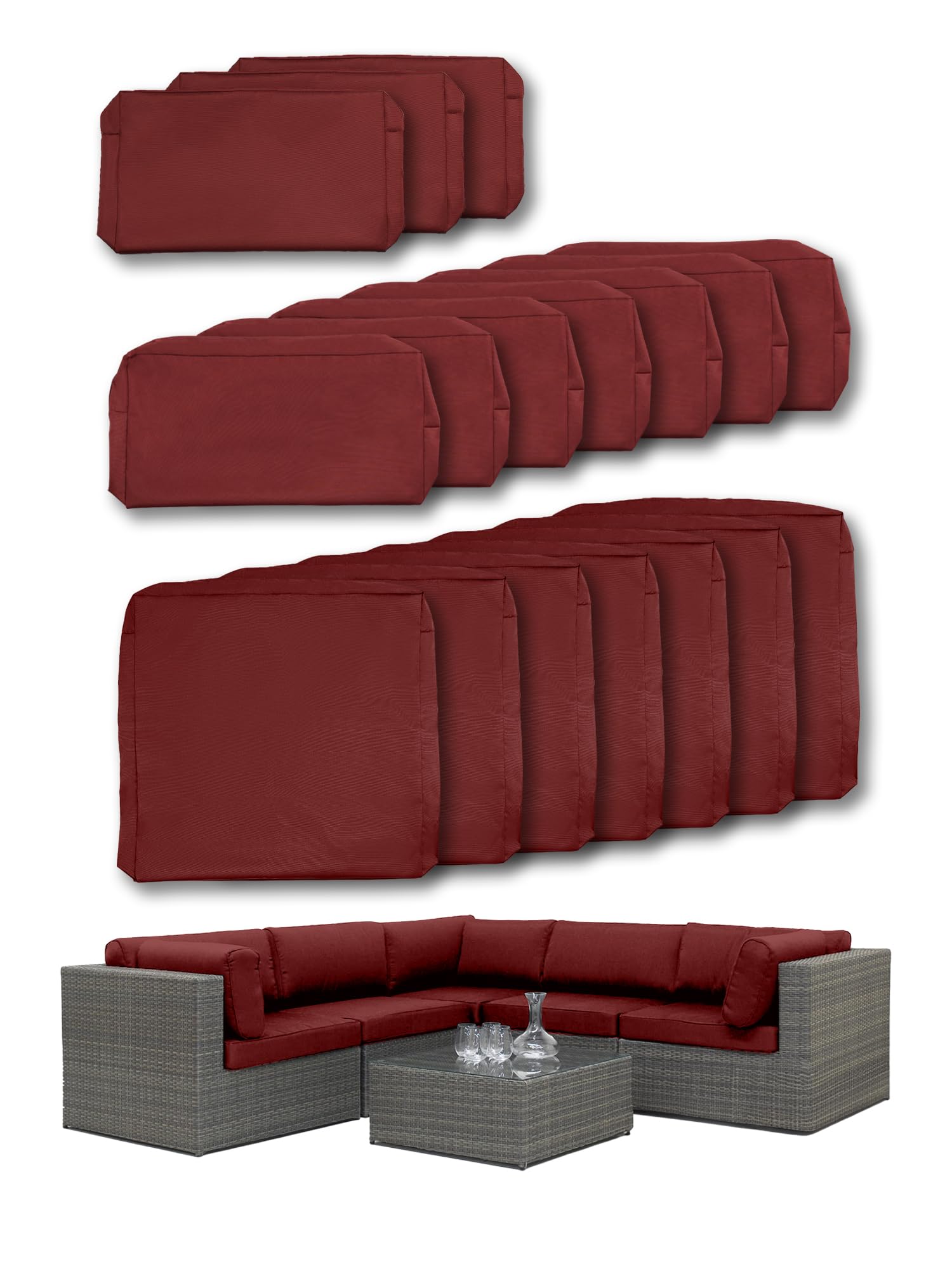 OmniBuy 17Pack Outdoor Furniture Patio Cushion Replacement Covers Fit for 8 Pieces 7-Seater Wicker Rattan Patio Furniture Set Sectional Couch Chairs,Cover Only (Burgundy)