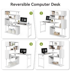 LITTLE TREE White Rotating Desk with Bookshelf, L-Shaped Computer Desk with Shelves, Reversible Writing Desk and Bookcase Combo with Storage for Home Office