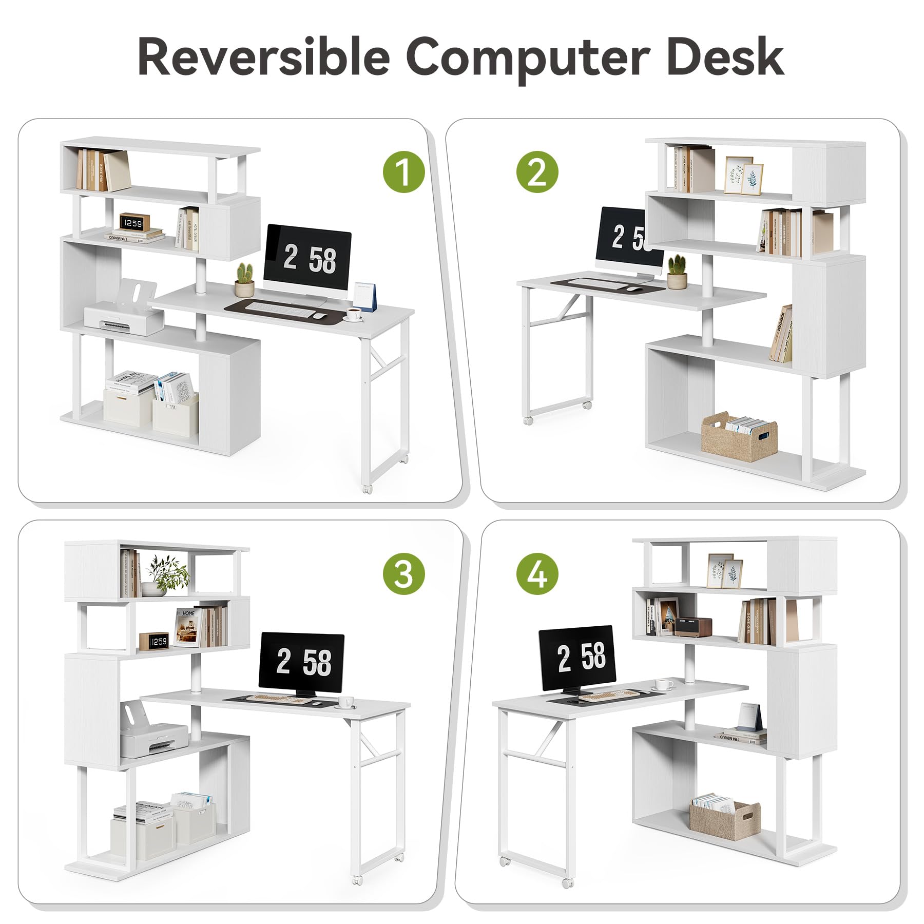 LITTLE TREE White Rotating Desk with Bookshelf, L-Shaped Computer Desk with Shelves, Reversible Writing Desk and Bookcase Combo with Storage for Home Office