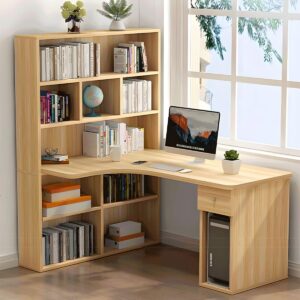 LAKIQ Modern L-Shaped Corner Desk with Bookshelf Engineered Wood Home Writing Desk with Hutch Rectangular Home Office Computer Desk with Storage Shelves(Light Walnut, 47.2" L x 23.6" W x 63" H)