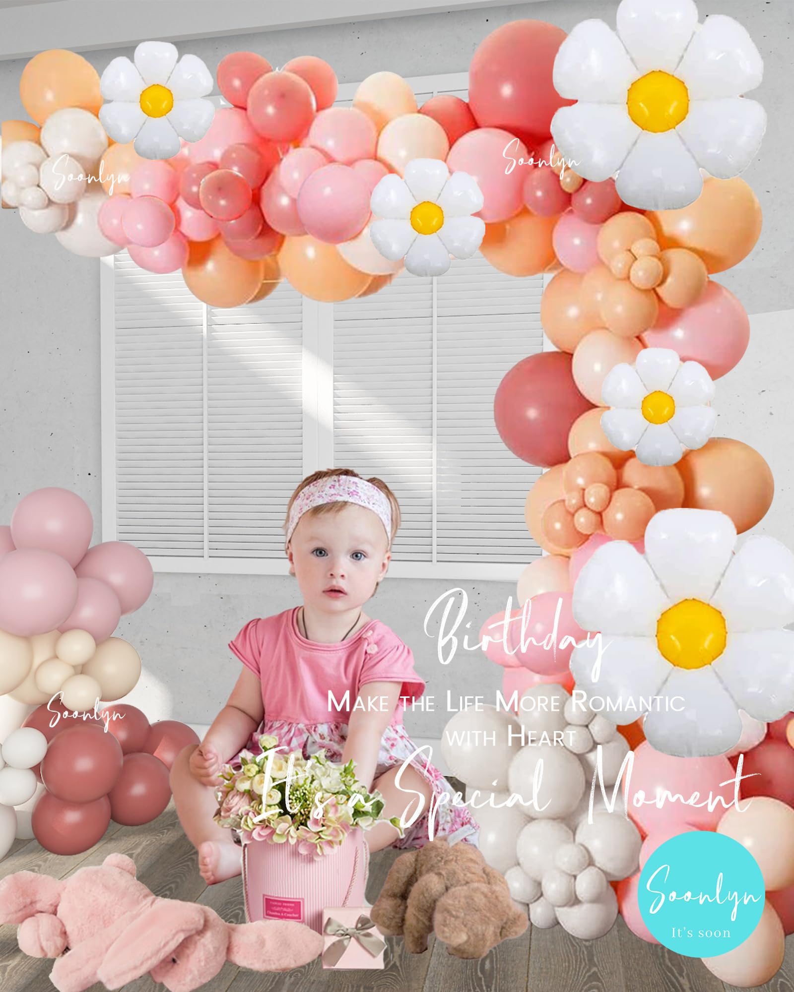 Soonlyn Daisy Balloon Arch Garland 13Ft 12In Groovy Balloon Arch Kit Boho Nude Beige Balloons 5pcs Flower Foil Daisy Balloons White Sand Pink Boho Balloons for Baby Shower Bridal Shower Birthday Party