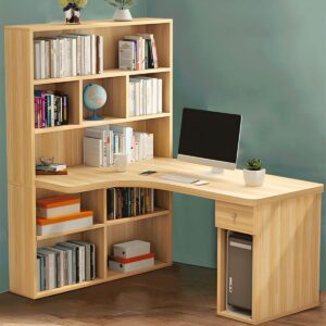 LAKIQ Modern L-Shaped Corner Desk with Bookshelf Engineered Wood Home Writing Desk with Hutch Rectangular Home Office Computer Desk with Storage Shelves(Light Walnut, 47.2" L x 23.6" W x 63" H)