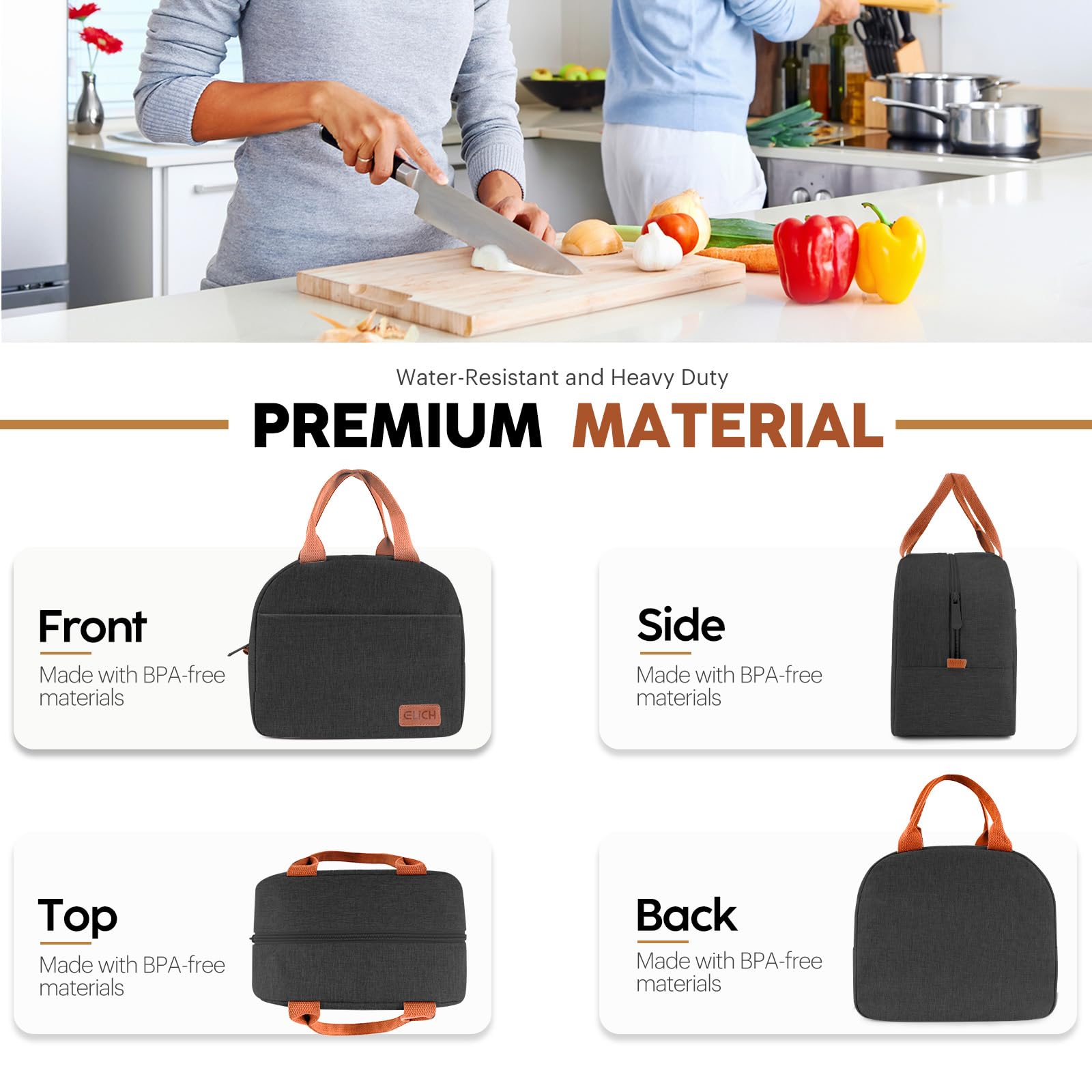 Lunch Bag Lunch Box for Women & Men, Large Capacity Insulated Lunch Bag for Adult, Leakproof Reusable Lunch Tote Bags for Work/Office/Travel/Picnic (Black)