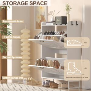 Urban Deco Wooden Shoe Storage Cabinet for Entryway, Organizer Shoe Cabinet with 2 Flip Drawers, Elegant 2 Tier Freestanding Shoe Organizer (White)