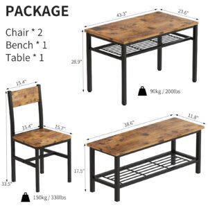 Lamerge Kitchen Tables Set for 4, Rectangular Dining Room Table Set with Bench and Chairs, 4 Pieces Dining Room Table Set with Storage Rack for Small Space, Breakfast Nook and Apartment, Rustic Brown