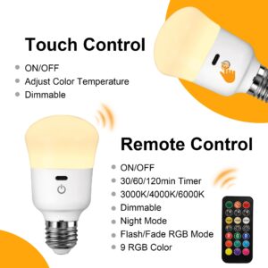 KARTOOSH Rechargeable Light Bulb, with Remote Control, 50W Equivalent, Battery Operated LED Bulbs, Backup Emergency Light for Home or Outdoor, 3 Color Temperature, Dim & RGB, Timer, E26 Base, 2 Pack