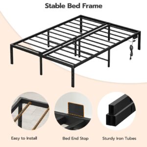 HOOBRO Queen Bed Frame with LED Lights, Metal Platform Bed Frame with Charging Station, 2 Outlets and 2 USB Ports, Heavy Duty Queen Size Bed Frame with End Stop, Ample Under Bed Space, Black