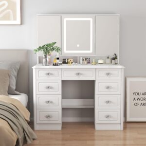 MOUMON Large Vanity Desk with Open Mirror and Lights, Makeup Desk with Drawers and Shelves, Rose-Shaped Crystal Handles, Cushion Stool not Included, White (43.3”W x 18.1”D x 54.1”H)