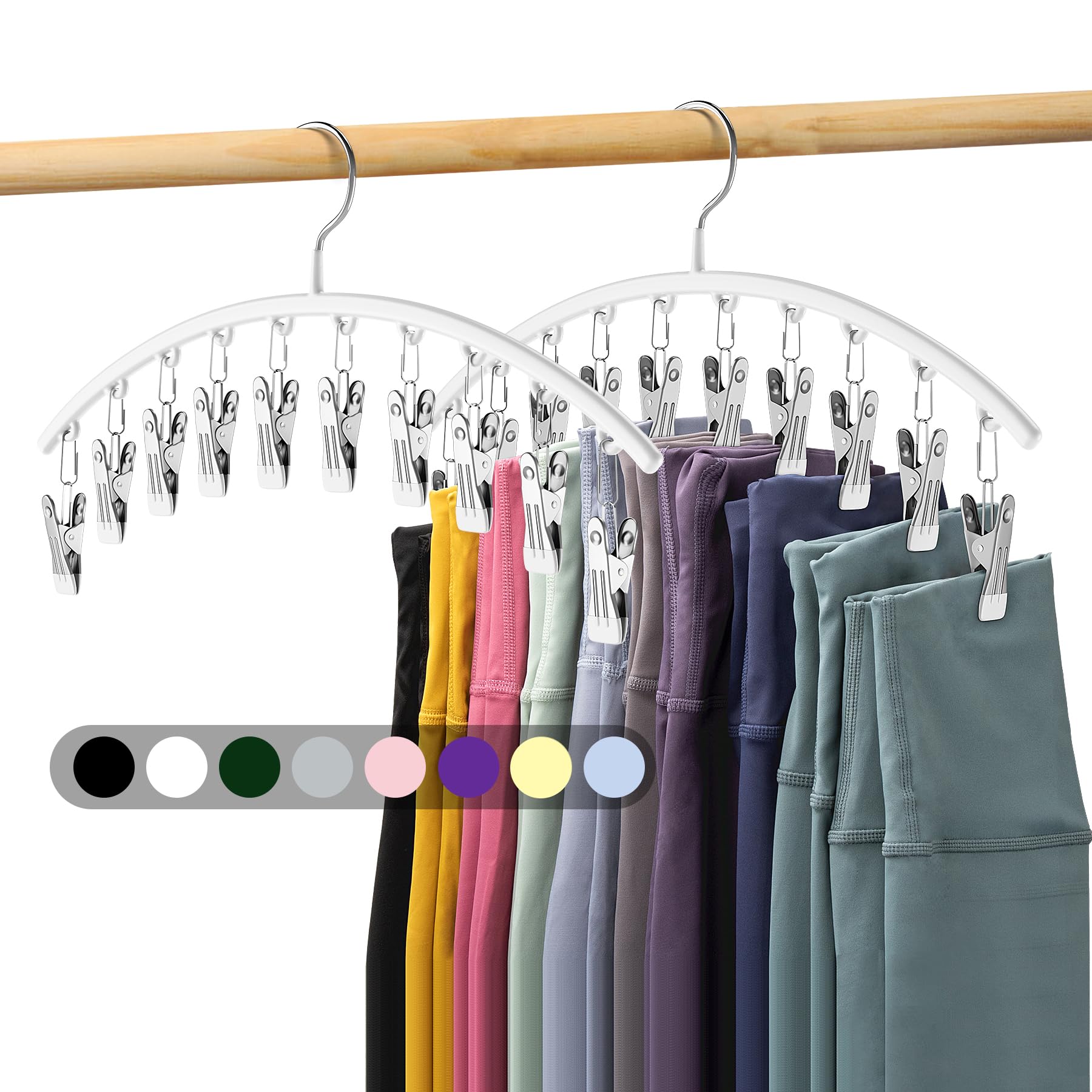 Legging Organizer for Closet, Metal Yoga Pants Hanger w/Rubber Coated 2 Pack w/10 Clips Hold 20 Leggings, Hangers Space Saving Hanging Closet Organizer for Closet Organizers and Storage-White