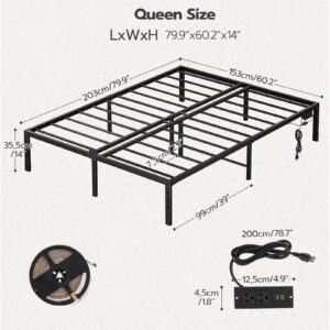 HOOBRO Queen Bed Frame with LED Lights, Metal Platform Bed Frame with Charging Station, 2 Outlets and 2 USB Ports, Heavy Duty Queen Size Bed Frame with End Stop, Ample Under Bed Space, Black