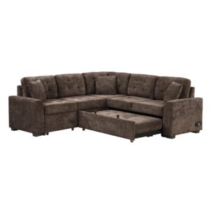 LZ LEISURE ZONE 82.6" L-Shape Sofa Bed, Pull-Out Sleeper Sofa with Wheels, USB Ports, Power Sockets for Living Room, Brown