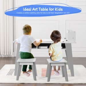 Kids Art Table, 2-in-1 Kids Craft Table and Art Table and Chairs Set with 2 Stools and 3 Storage Drawers, Wooden Drawing and Painting Art Easel Set, Kids Toddler Activity Table (White)