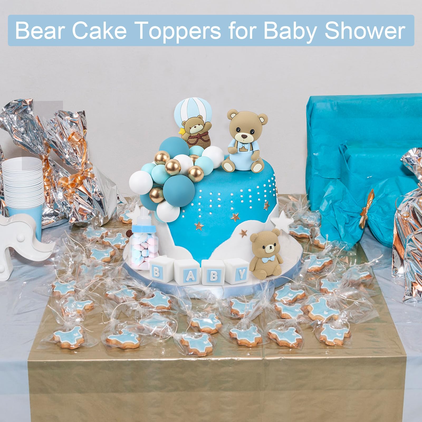 Acmee 44 PCS Bear Cake Toppers - Mini 3D Bear BABY Letters Milk Bottle Blue Gold Foam Balls Cake Toppers for Boy Girl Birthday Party Baby Shower Cake Decorations