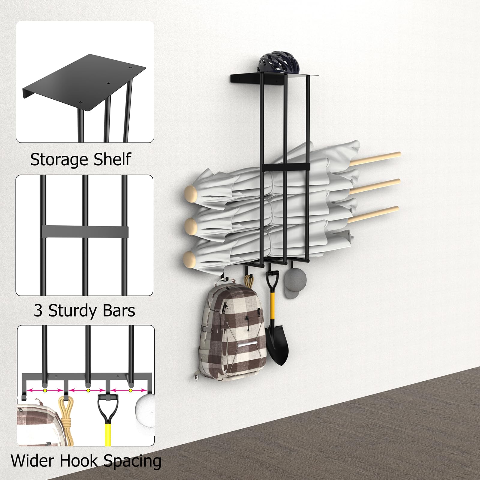 Camping Chair Rack for Garage Storage, Metal Camping Chair Holder for Garage with 4 Hooks, Garage Chair Organizer, Beach Chair and Umbrella Wall Storage Rack for Garage Organization