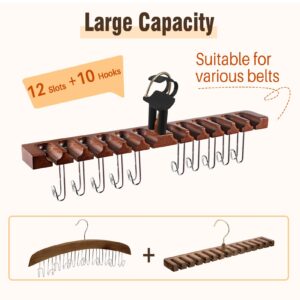 Gumilyo Belt Hanger for Closet, Alder Wood/ 12 Slots + 10 Hooks, Belt Rack, Versatile Belt Organizer Also for Ties (Brown)