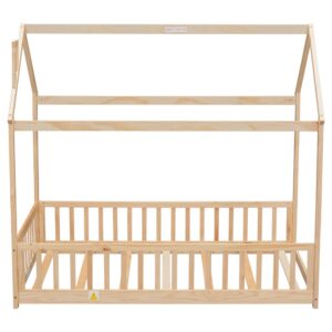 MERITLINE Twin Size Floor Bed for Kids, Wooden Twin Montessori Floor Bed Frame with Rails and Slats, Twin House Bed for Kids, Girls & Boys, Natural