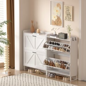 Urban Deco Wooden Shoe Storage Cabinet for Entryway, Organizer Shoe Cabinet with 2 Flip Drawers, Elegant 2 Tier Freestanding Shoe Organizer (White)