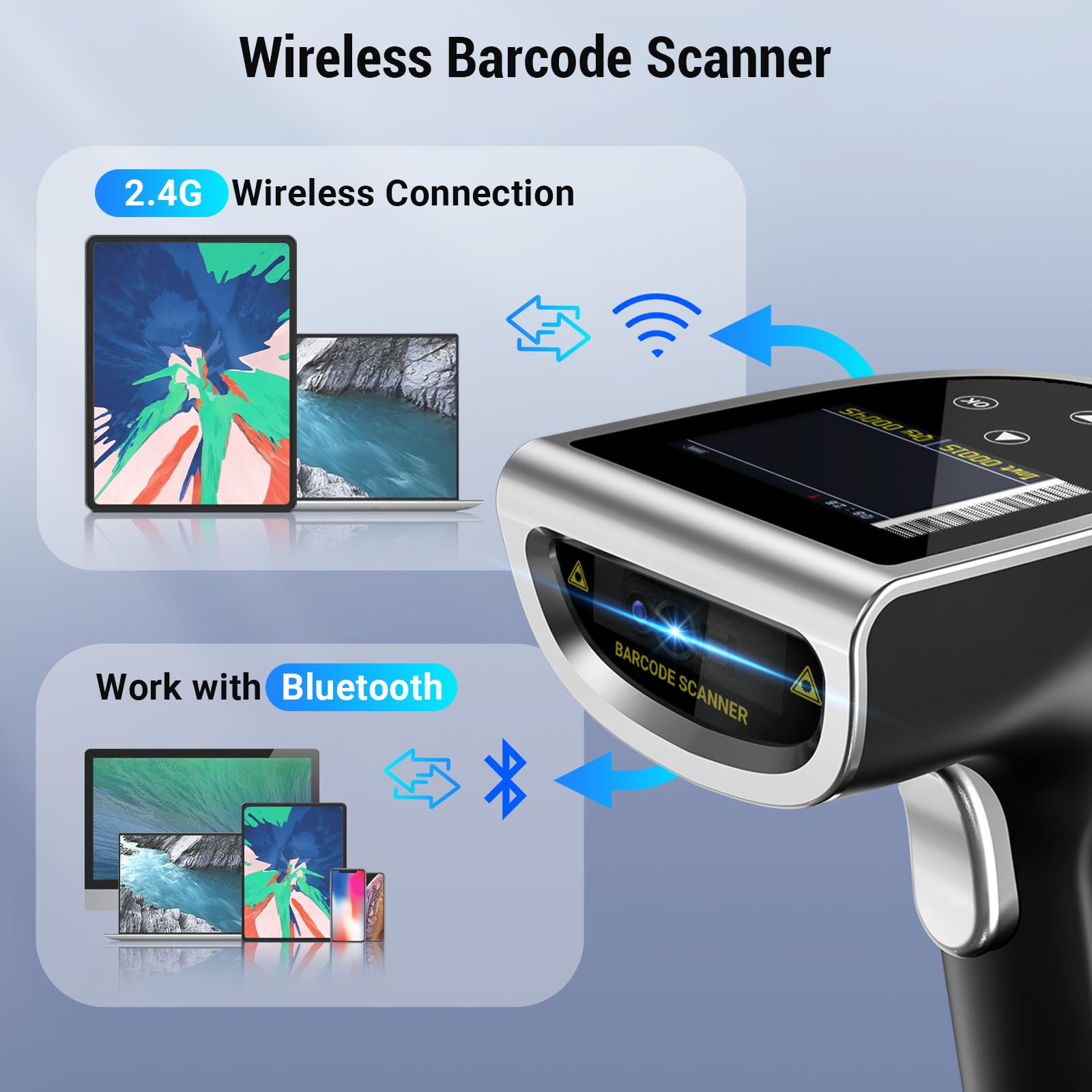 Tera Barcode Scanner Wireless with Screen: Pro Version 1D 2D QR with Digital Setting Keypad Power Switch Charging Cradle Works with Bluetooth 2.4G Wireless Bar Code Reader HW0015 Silver