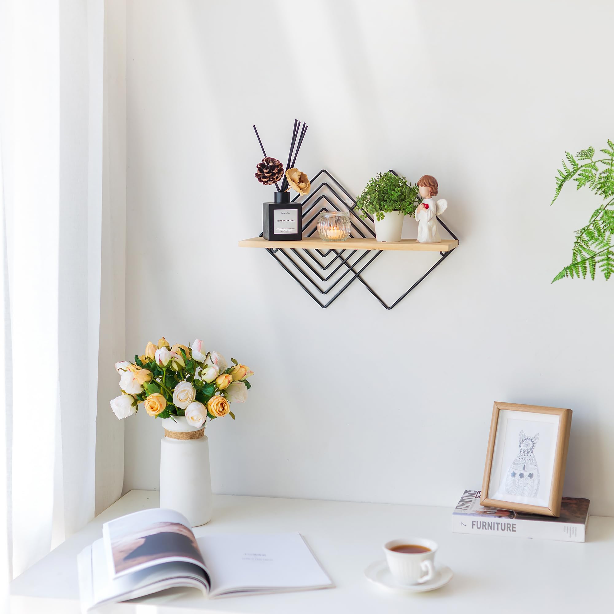 Walasis Wall Shelf Floating Bedroom Decor - Decorative Shelves for Living Room Unique Geometric Display Wall Shelving Wood and Metal Storage Shelf for Office Hallway