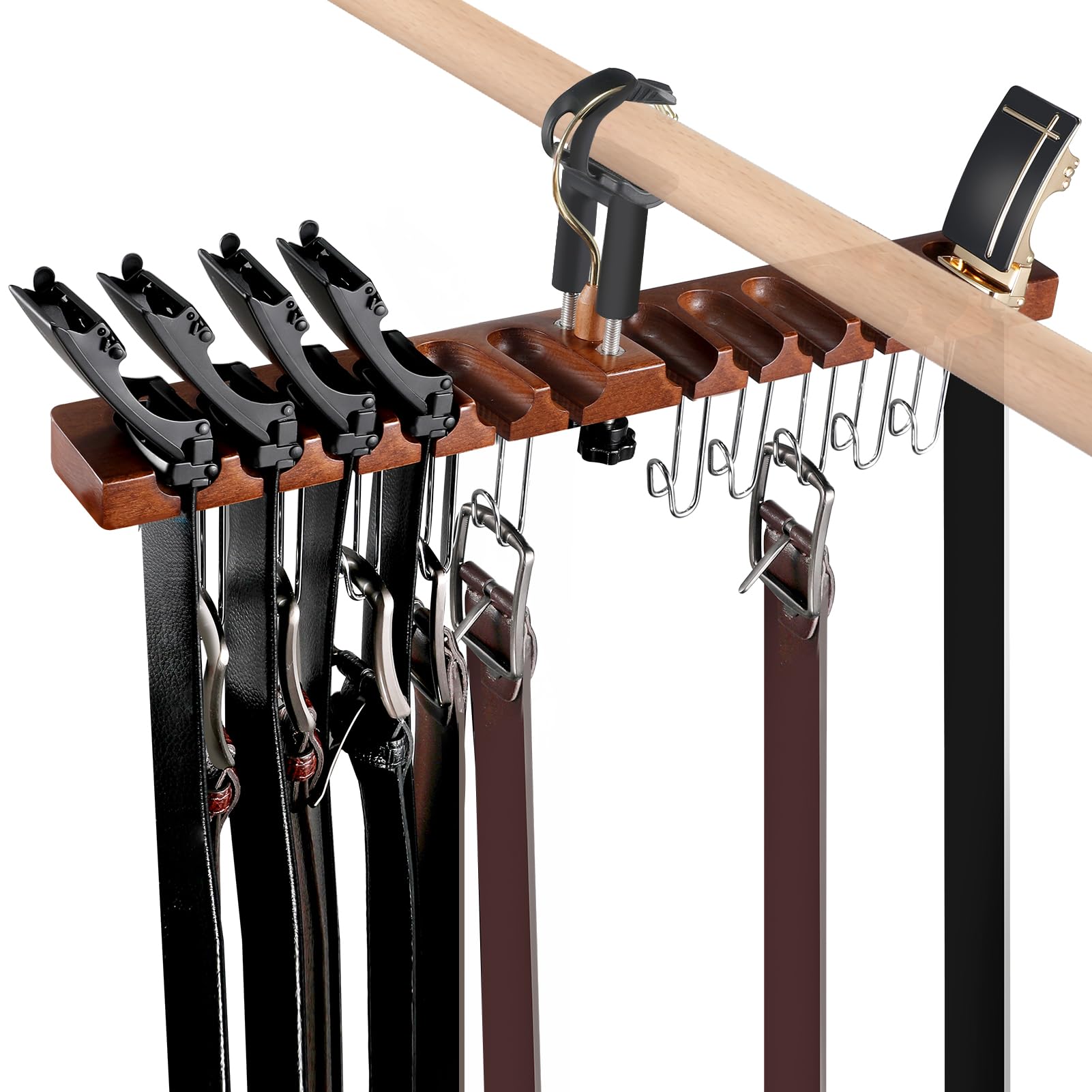 Gumilyo Belt Hanger for Closet, Alder Wood/ 12 Slots + 10 Hooks, Belt Rack, Versatile Belt Organizer Also for Ties (Brown)