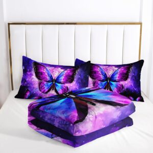 AILONEN Beautiful Butterfly Comforter Set Twin Size, Glowing Purple Butterfly Bedding Set for Girls Women,Bohemian Style Bed in a Bag,Starry Night Duvet Set,1 Quilt 2 Pillowcases,3 PCS