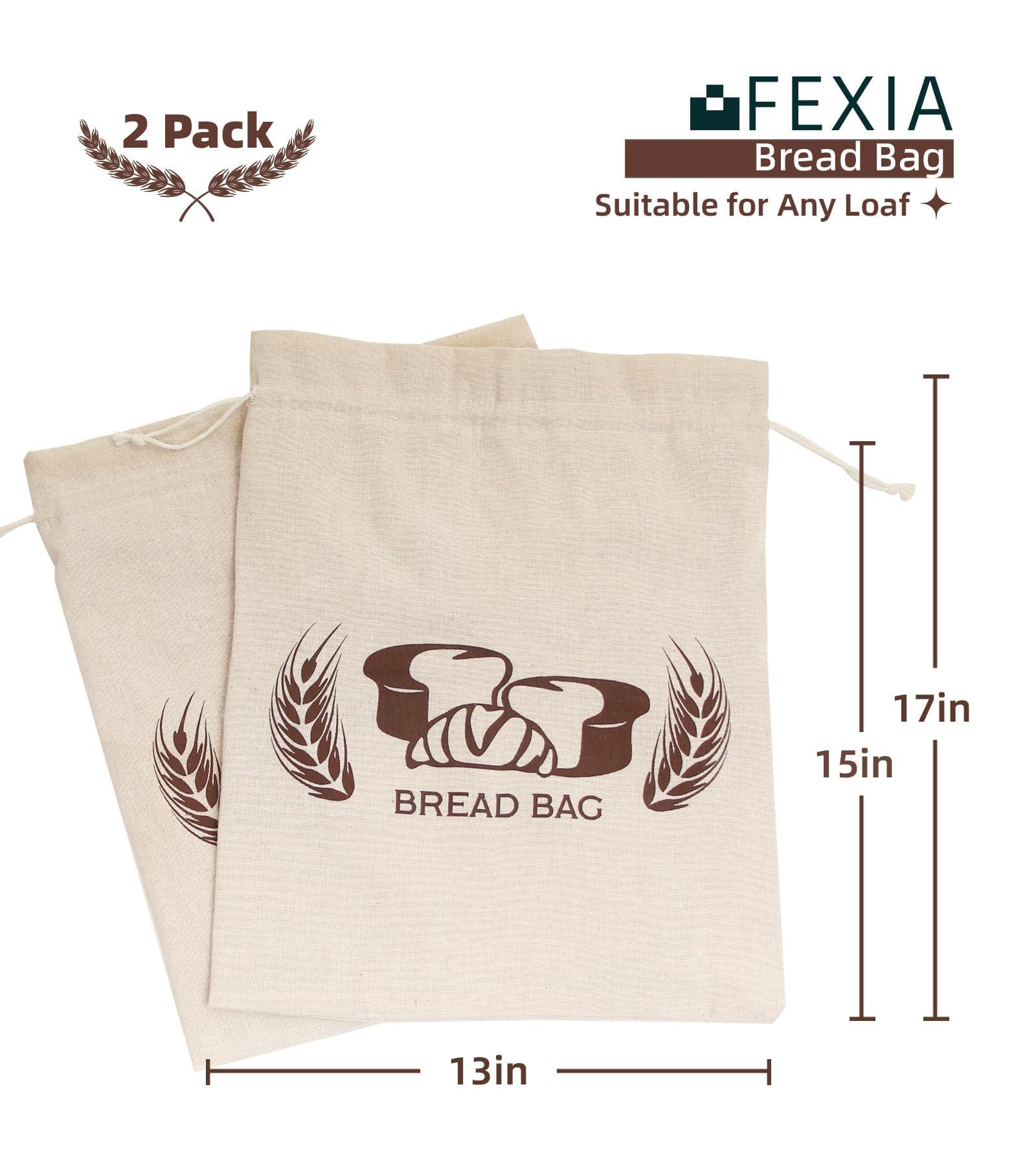 FEXIA 2 Pack Bread Bags for Homemade Bread Sourdough Organic Linen Sourdough Bread Bags 17" x 13" XL Reusable Linen Bread Bags Sourdough Bread Baking Supplies Bread Storage Housewarming Gift